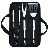 Set 3 ustensile gratar, Otel inoxidabil, Spatula, Furculita, Cleste, Husa