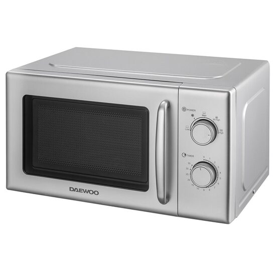 Cuptor cu microunde Daewoo 700 W, capacitate 20 l, Argintiu, Dezghetare, Incalzire, Timer, 5 trepte putere