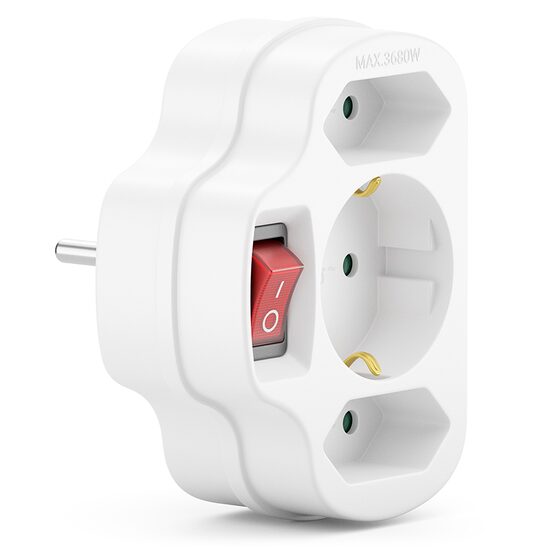 Triplu stecher cu intrerupator, 1 x Shuko, 2 x EURO, Alb, 2.5/16 A, 3680 W