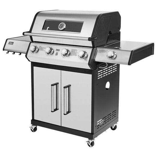 Gratar cu 5 arzatoare pe gaz, 17 kW, Teesa BBQ, Inox/Fonta, Otel, 4 x roti