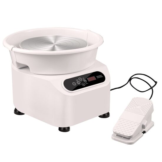 Roata de olarit profesionala electrica, cu pedala, 350 W, diametru placa 28 cm, Ecran tactil, 50-300 rpm, Alb, max 3 kg argila