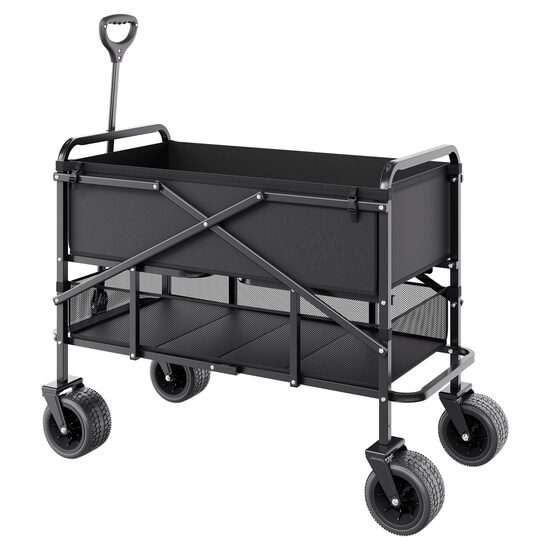Carucior de cumparaturi 2 etaje, pliabil, 4 roti cu frane, maxim 204 kg, greutate 14 kg, Otel Carbon si panza Oxford 600D, Volum 400 l, Negru
