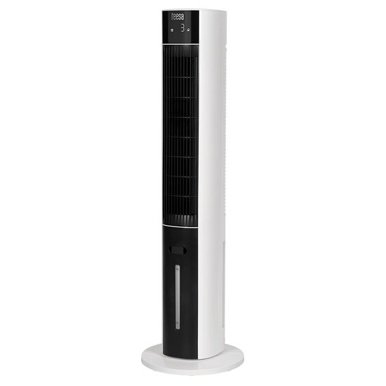 Ventilator turn cu umidificare, Alb/Negru, 60 W, Telecomanda, 975 x 290 x 290 mm, Silentios 65 dB, Rezervor apa 3 l, Oscilatie, Timer