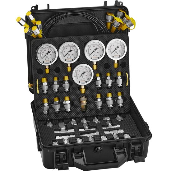 Set pentru testarea presiunii hidraulice 10/100/250/400/600 bar, 5 manometre, 13 cuplaje, 14 conectori T, 5 furtunuri, Otel inoxidabil