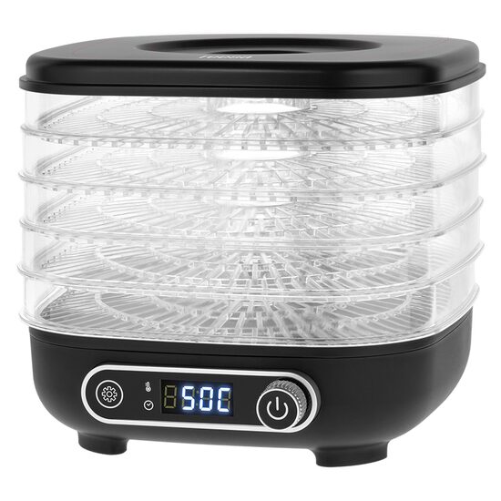 Deshidrator fructe si legume, 300 W, 5 tavi, Temperatura reglabila 35-70°C, Temporizator reglabil 10 min - 48 h