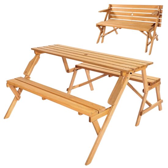 Masa picnic 2 in 1, transformabila in banca, Lemn brad, 1410 x 470 x 170 mm
