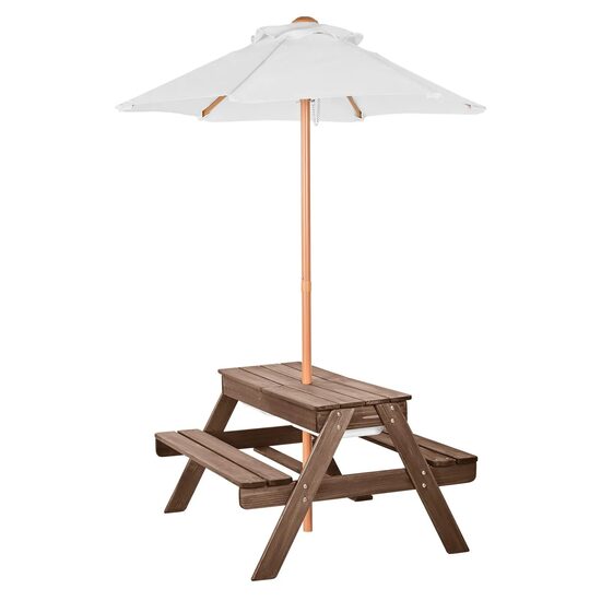 Masa picnic cu 2 banci si umbrela, Exterior, Lemn brad, Maro, 890 x 800 x 510 mm, pentru copii