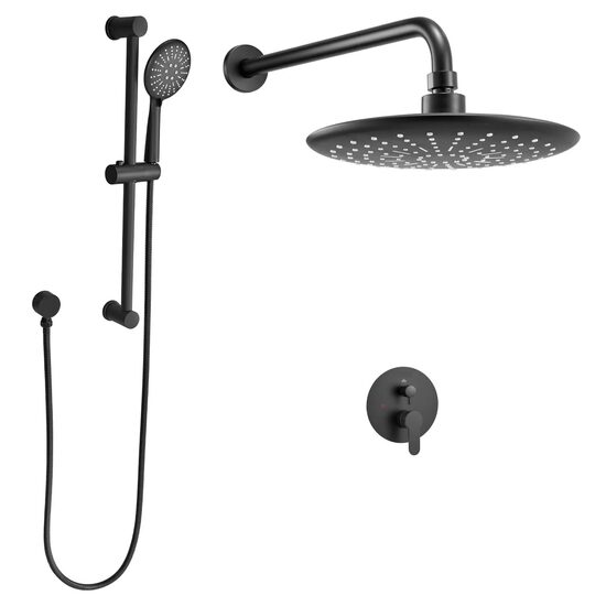 Set de dus, Montaj incastrat, Inox, Negru mat, Cap dus rotund 23 cm, 520 x 235 x 155 mm