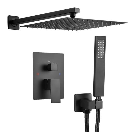 Set de dus, Montaj incastrat, Inox, Negru mat, Cap dus patrat cu efect ploaie 300 mm, Dimensiune 555 x 300 x 70 mm