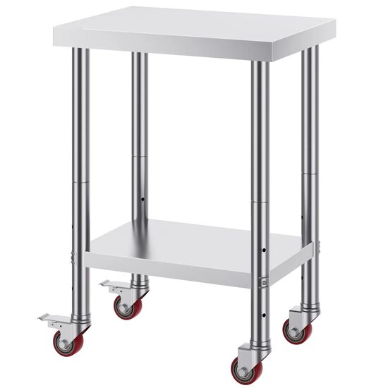 Masa de lucru Inox, pentru preparare alimente, 610 x 450 x 860 mm, 4 x roti, raft , Inaltime reglabila