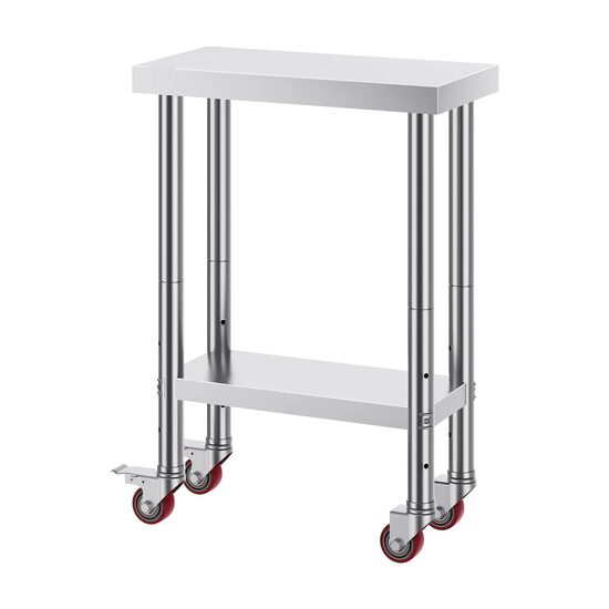 Masa de lucru Inox, pentru preparare alimente, 307 x 612 x 862 mm, 1 x rafturi, 4 x roti, Inaltime reglabila