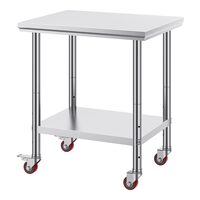 Masa de lucru Inox, pentru preparare alimente, 760x600x850 mm, 1 x rafturi, 4 x roti, Inaltime reglabila
