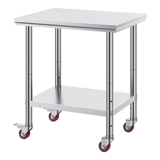 Masa de lucru Inox, pentru preparare alimente, 760x600x850 mm, 1 x rafturi, 4 x roti, Inaltime reglabila
