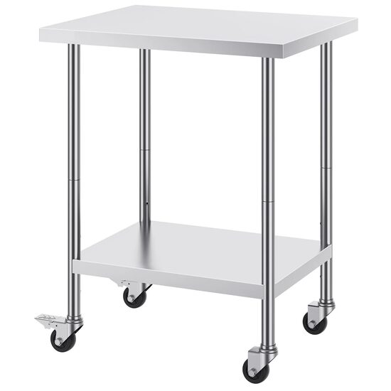 Masa de lucru Inox, pentru preparare alimente, 610 x 762 x 954.6 mm, 1 x rafturi, 4 x roti, Inaltime reglabila