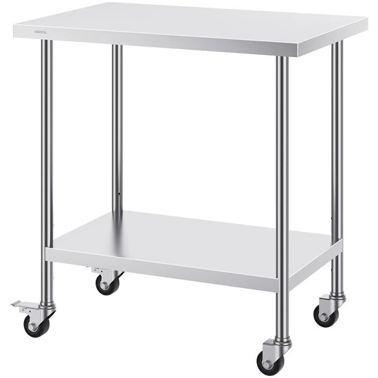 Masa de lucru Inox, pentru preparare alimente, 610x914x955 mm, 1 x rafturi, 4 x roti, Inaltime reglabila