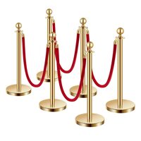Set 6 stalpi delimitare, 4 x Franghie rosie catifea 1.5 m, Inox, Auriu, Inaltime 89 cm
