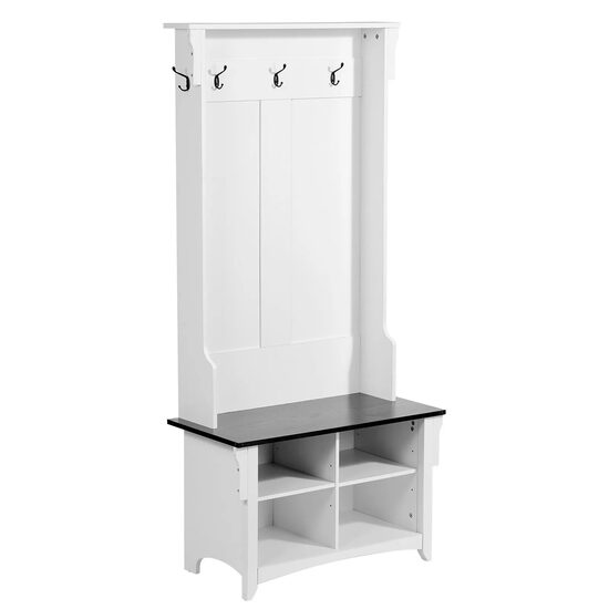 Cuier lemn brad, 4 rafturi, 5 agatatori, Inaltime 172 cm, Alb