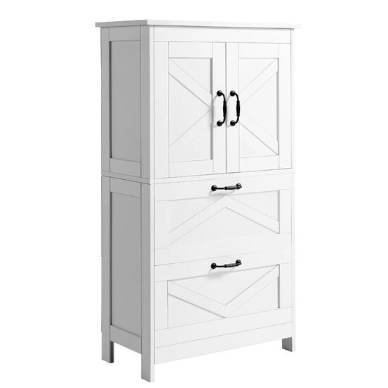 Dulap de baie, 2 usi si 2 sertare, MDF, Alb, 4 rafturi, 300 x 600 x 1100 mm, kit anti-rasturnare