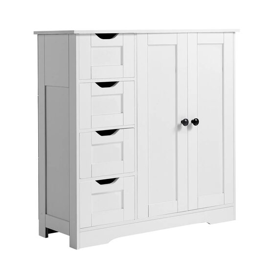 Dulap de baie, 2 usi si 4 sertare, MDF, Alb, 3 rafturi, 300 x 800 x 810 mm, kit anti-rasturnare