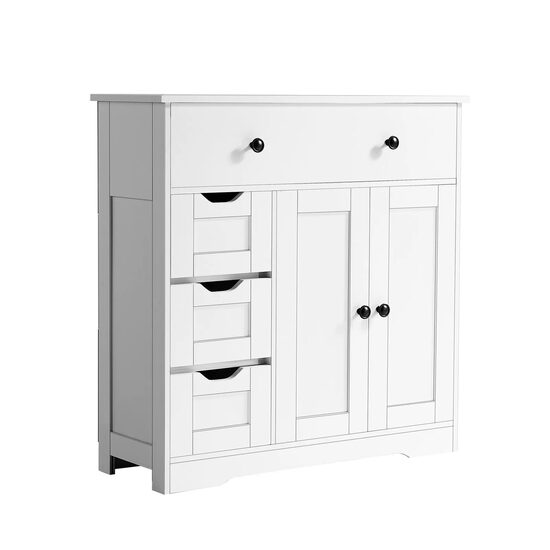 Dulap de baie, 2 usi si 4 sertare, MDF, Alb, 3 rafturi, 300 x 800 x 810 mm, kit anti-rasturnare, pentru accesorii baie