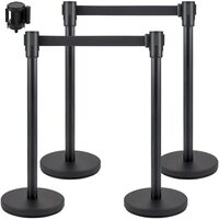 Set 4 stalpi delimitare, Banda retractabila in 4 directii, Inox/Otel, Negru, Inaltime 90 cm, Heavy Duty, Lungime banda 2 m