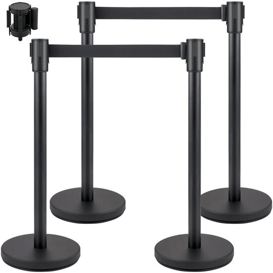 Set 4 stalpi delimitare, Banda retractabila in 4 directii, Inox/Otel, Negru, Inaltime 90 cm, Heavy Duty, Lungime banda 2 m
