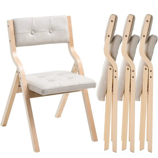 Set 4 scaune pliabile, Lemn natural, Tapitate, Burete, Maro deschis/Bej, max 180 kg, dimensiuni extins 575 x 480 x 800 mm