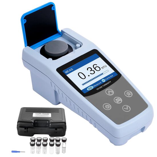 Turbidimetru portabil, interval 0–1000 NTU, LED infrarosu, 10 citiri, Ecran color TFT, fiole calibrare pentru turbiditate redusă