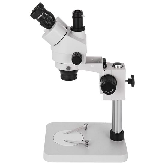 Microscop stereo trinocular pivotant, Profesional, Zoom 3.5-90x, rotativ la 360 de grade, inclinat la 45 de grade