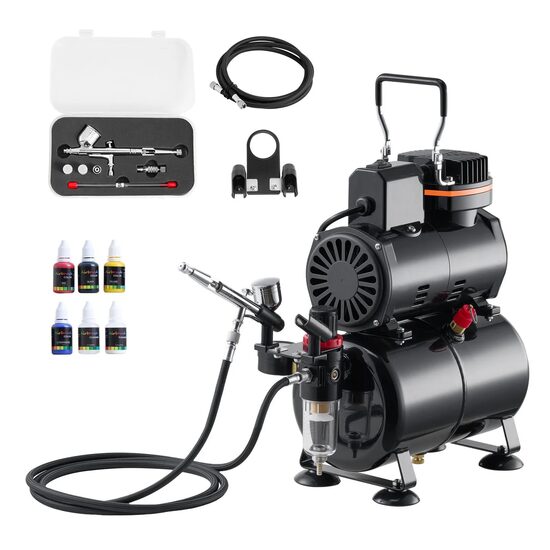 Kit aerograf cu compresor, 23-25 ​​L/min, 120 W, duza 0.2, 0.3, 0.5 mm, Volum 9 ml, 4 x vopseluri acrilice