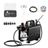 Kit aerograf cu compresor ultra silentios, 23-25 ​​L/min, 120 W, duza 0.2, 0.3, 0.5 mm, Volum 5/9 ml, 4 x vopseluri acrilice