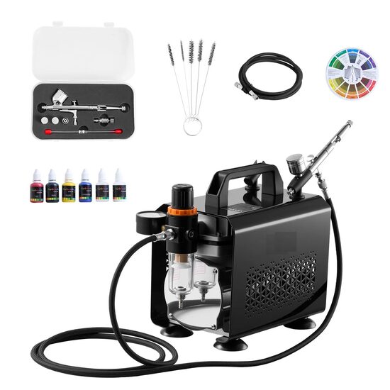 Kit aerograf cu compresor ultra silentios, 23-25 ​​L/min, 120 W, duza 0.2, 0.3, 0.5 mm, Volum 5/9 ml, 4 x vopseluri acrilice