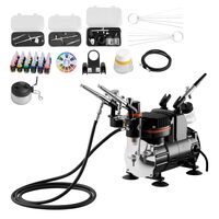 Kit aerograf cu compresor ultra silentios, 20-23 ​​L/min, 120 W, 3 pistoale, duza 0.3, 0.5 mm, Volum cupe 2/9/22 ml, 24 x vopseluri acrilice