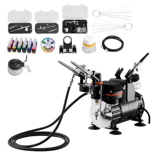 Kit aerograf cu compresor ultra silentios, 20-23 ​​L/min, 120 W, 3 pistoale, duza 0.3, 0.5 mm, Volum cupe 2/9/22 ml, 24 x vopseluri acrilice