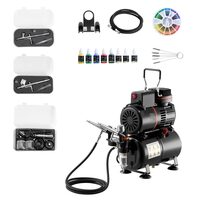 Kit aerograf cu compresor ultra silentios, 23-25 ​​L/min, 120 W, duza 0.3, 0.5 mm, Volum cupe 2/9/22 ml, 6 x vopseluri acrilice