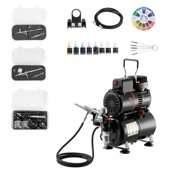 Kit aerograf cu compresor ultra silentios, 23-25 ​​L/min, 120 W, duza 0.3, 0.5 mm, Volum cupe 2/9/22 ml, 6 x vopseluri acrilice