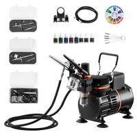 Kit aerograf cu compresor ultra silentios, 23-25 ​​L/min, 120 W, duza 0.3, 0.8 mm, 3 x pistoale, Volum cupe 2/9/22 ml, 6 x vopseluri acrilice