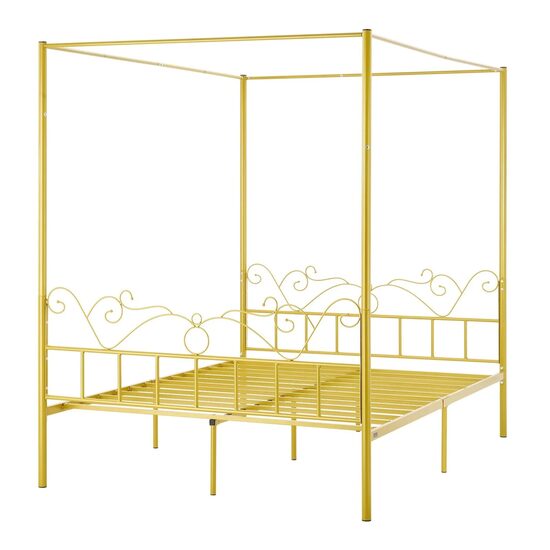Pat cu baldachin Queen Size, fara saltea, 2110 x 1550 x 1965 mm, Capacitate max 360 kg, Otel, Auriu