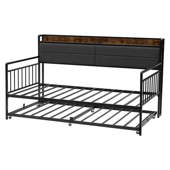 Pat de zi cu extensie, Tablier, Cadru metalic, 196 x 115 x 114 cm, Capacitate 400 kg, Otel, 6 roti, 2 x priza USB