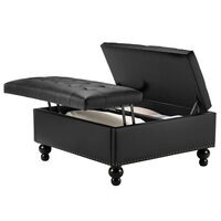 Masa de cafea otoman, Extensibila, cutie depozitare, Negru, Lemn/Piele ecologica, 88.1 x 86.6 x 46.2 cm, max 136 kg