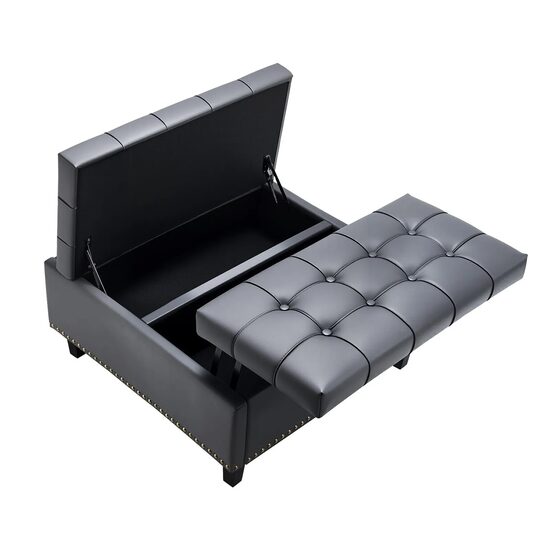 Masa de cafea otoman, Extensibila, cutie depozitare, Gri, Lemn/Piele ecologica, 80 x 80.5 x 43 cm, max 136 kg