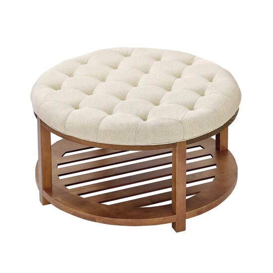 Masa de cafea ottoman, Rotunda, raft depozitare, Maro/Alb, Lemn, 810 x 810 x 476 mm, max 160 kg