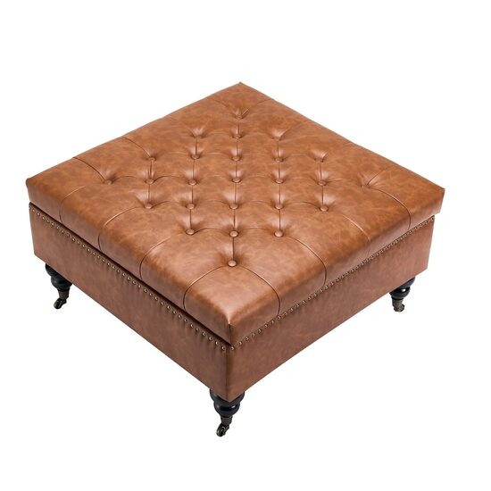 Masa de cafea otoman, cutie depozitare, Maro, Lemn/Piele ecologica, 80 x 79.5 x 47 cm, max 136 kg