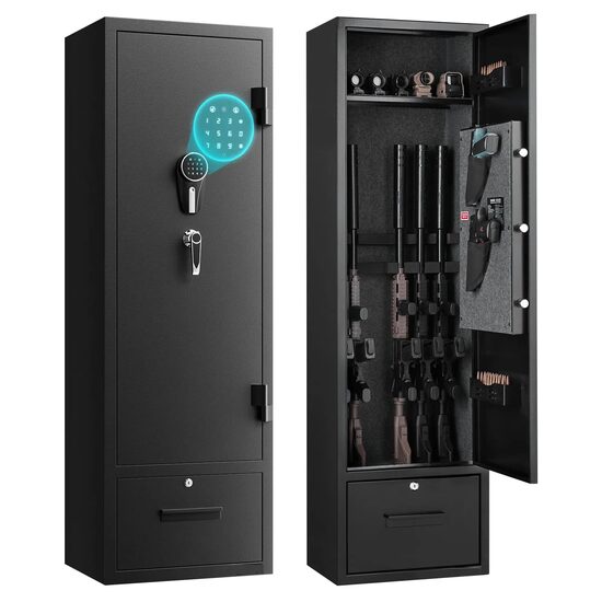 Dulap arme cu cifru, 2 x chei de urgenta, 280 x 405 x 1400 mm, 4 arme, Alarma, Lumina led, 2 x Sloturi munitie, 2 x buzunare pistoale