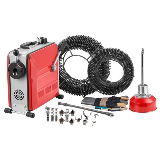 Sarpe pentru desfundat tevi, Electric, Profesional, 11 x capete taiere, 850 W, 2 x cabluri arc 14.5 m x 16 mm/14 m x 22 mm, pentru țevi cu diametrul de 50-110 mm