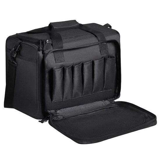 Geanta tir arme poligon, 36 × 31 × 26 cm, Capacitate 3 x pistoale, 6 x incarcatoare, Negru