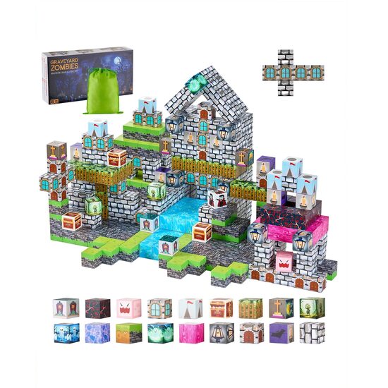 Set constructie Blocuri magnetice 100 buc, Zombi, structura 3D, Geanta depozitare