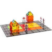 Set constructie Blocuri magnetice 56 buc, Senzoriale Stem, Drumuri cu semne de circulatie, Geanta depozitare