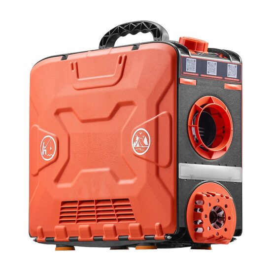 Sirocou diesel portabil 8 kW, Alimentare 12 V DC sau 220 V AC, consum 0.18–0.42 l/h, Bluetooth, Telecomanda, Zgomot 75 dB, Rezervor 4.5l