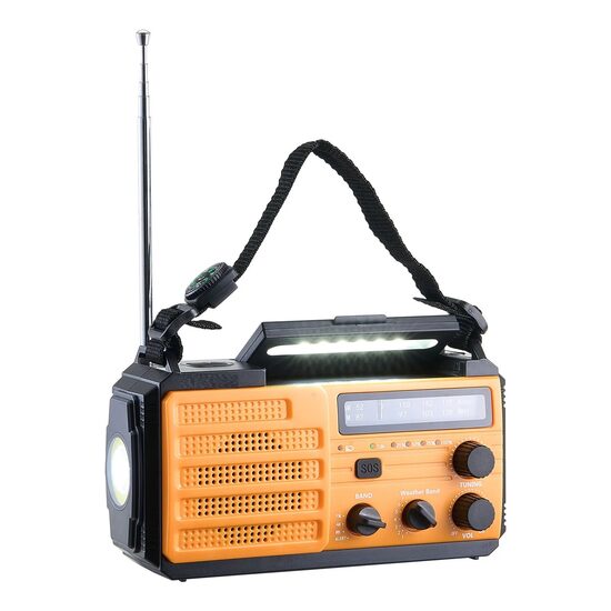 Radio portabil de urgenta, Acumulator, USB, panou solar, manivelă și opțiuni de baterii AAA, Lanterna 19 W, Alerte meteo NOAA, Alarmă SOS